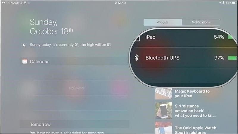 Sử dụng trung t&acirc;m th&ocirc;ng b&aacute;o (Notification Center) để xem th&ocirc;ng tin mức pin sạc tại mục Bluetooth UPS