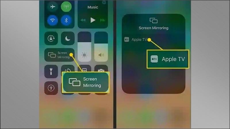 Mở bảng điều khiển tr&ecirc;n iPad > Ấn chọn v&agrave;o Screen Mirroring > Chọn v&agrave;o t&ecirc;n Apple TV 
