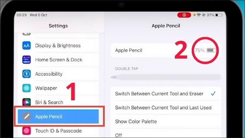 Vào ứng dụng Cài đặt trên iPad > Chọn Apple Pencil để xem mức pin