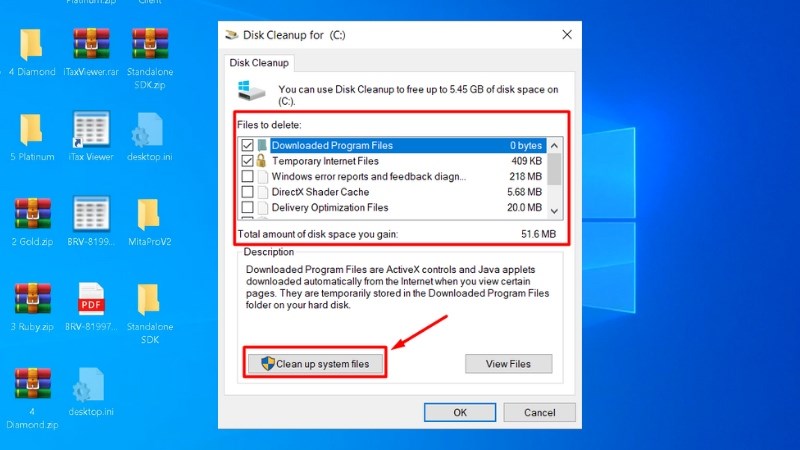 Tick vào các file bạn muốn xóa và chọn Clean up system files