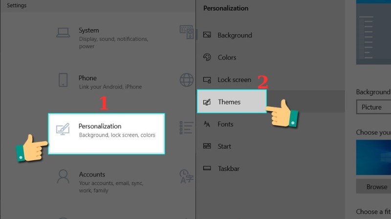Tìm đến phần Personalization > chọn Themes 