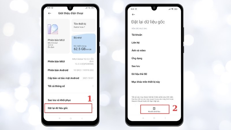 Chọn v&agrave;o Đặt lại dữ liệu gốc > Chọn X&oacute;a dữ liệu v&agrave; x&aacute;c nhận 