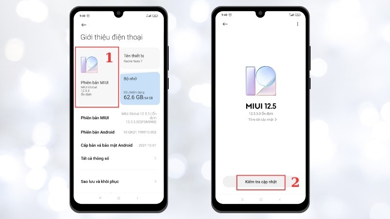Chọn v&agrave;o Phi&ecirc;n bản MIUI > Chọn Kiểm tra cập nhật 