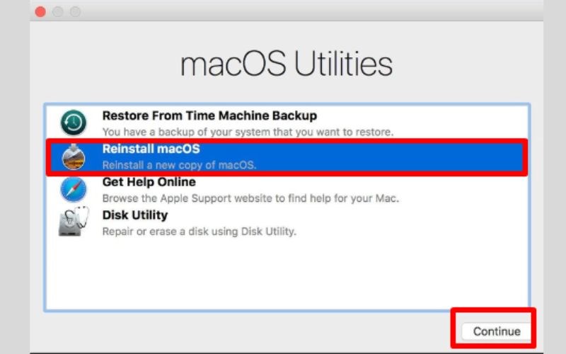 Chọn Reinstall MacOS > Chọn Continue Chọn Reinstall MacOS > Chọn Continue