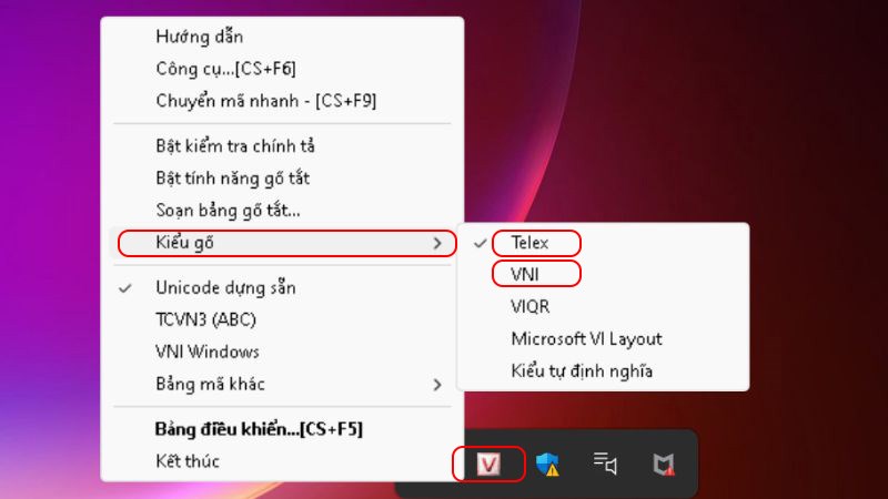 Chọn kiểu g&otilde; > Tick chọn Telex hoặc VNI theo c&aacute;ch g&otilde; th&ocirc;ng thường của bạn