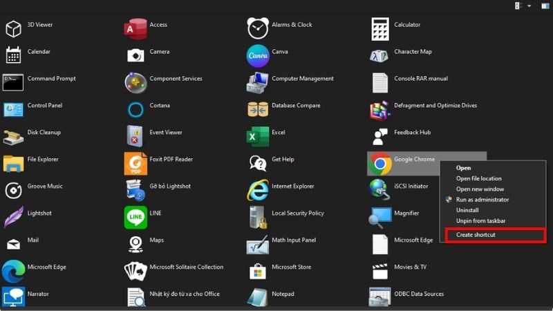 Click chuột phải ứng dụng > Chọn Create shortcut > Ok