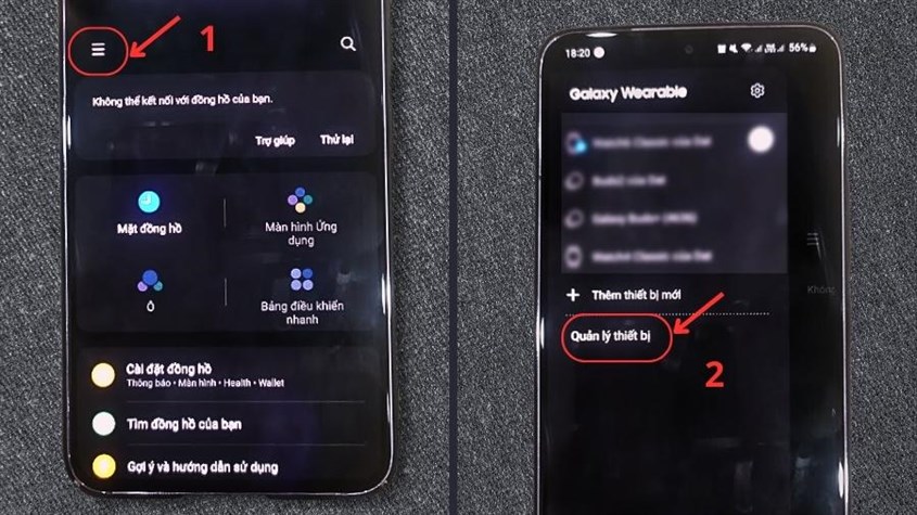 Trên ứng dụng Galaxy Wearable chọn Menu > Quản lý thiết bị 