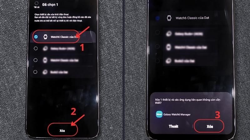 Chọn vào tên đồng hồ Galaxy Watch6 Classic của bạn > Chọn Xoá  