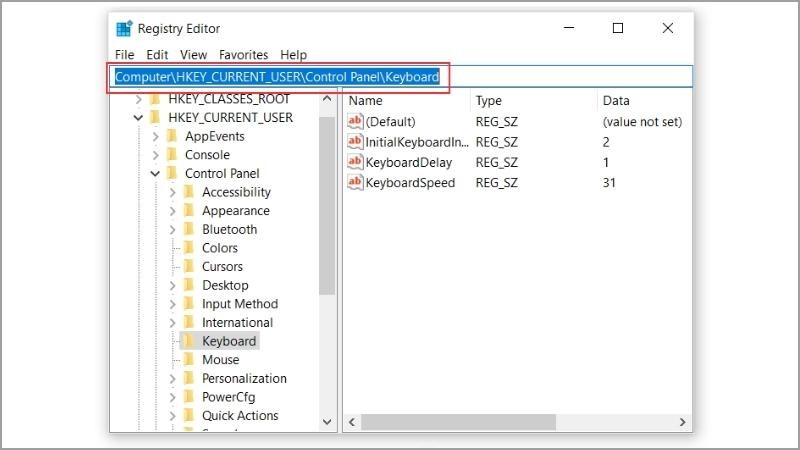 Truy cập bằng đường dẫn như sau: http://hkey_current_user/Control Panel/Keyboard/