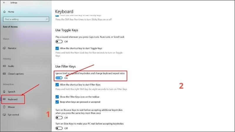 Kéo tìm và tick vào mục Ignore brief or repeated keystrokes and change keyboard repeat rates