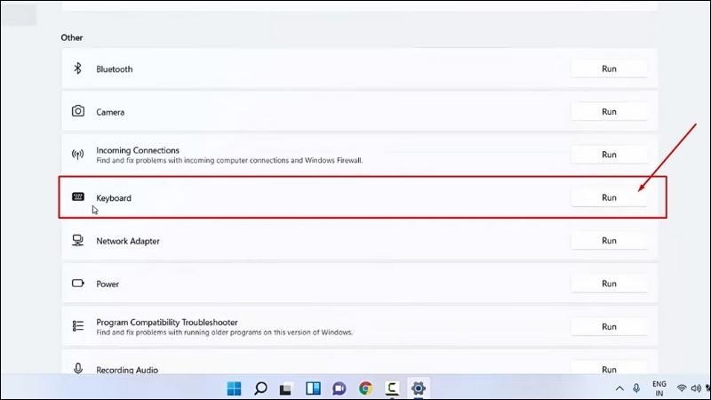 Tìm Keyboard > Nhấp vào nút Run để khởi chạy công cụ khắc phục sự cố của Windows 11