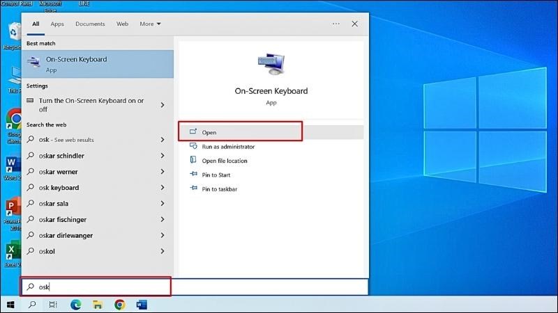 Gõ osk hoặc On Screen Keyboard vào ô tìm kiếm > Chọn Open