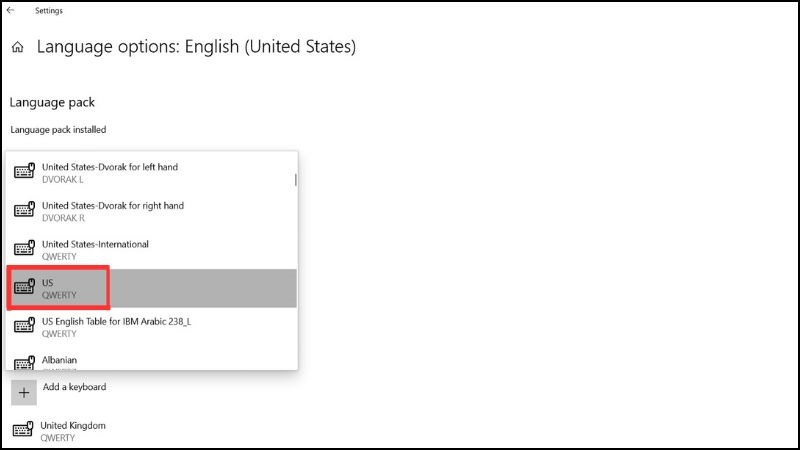 Tại mục Keyboards, chọn Add a keyboard để thêm bàn phím US