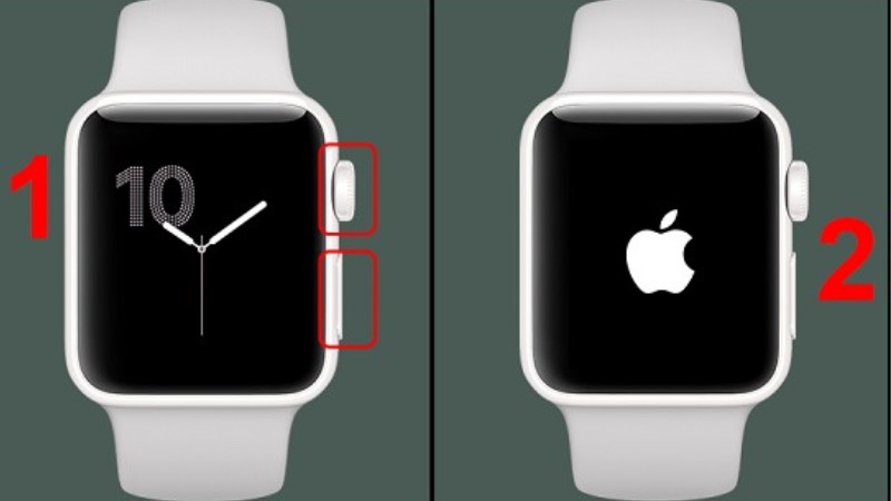 Nhấn v&agrave; giữ c&ugrave;ng l&uacute;c n&uacute;t Digital Crown v&agrave; n&uacute;t b&ecirc;n của Apple Watch