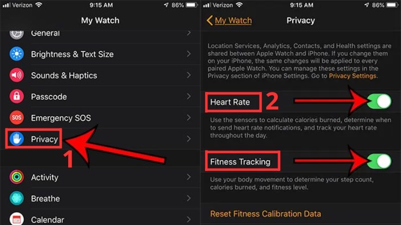  Chọn Privacy > Gạt tắt Heart Rate v&agrave; Fitness Tracking