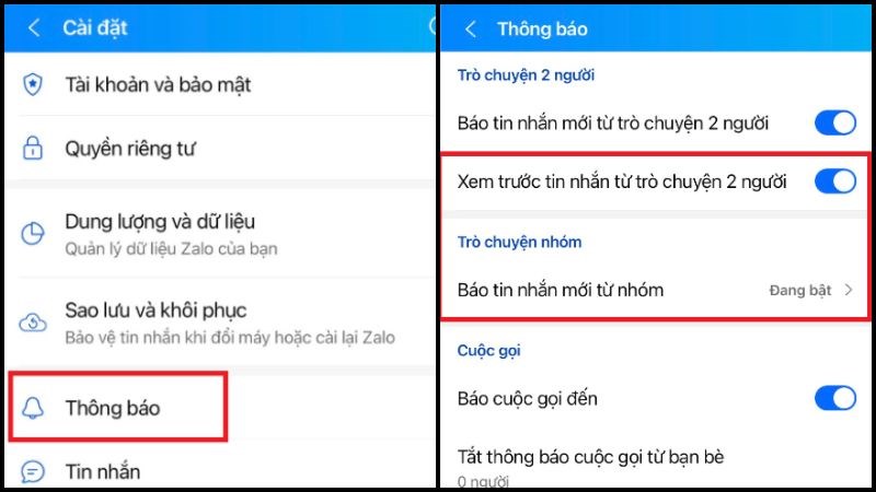  Chọn mục Th&ocirc;ng b&aacute;o v&agrave; bật t&iacute;nh năng Xem trước tin nhắn