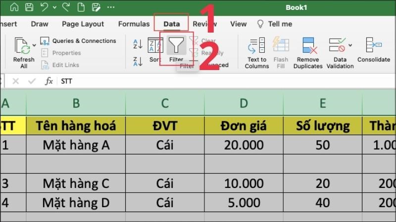 Chọn Data trên thanh công cụ > Chọn Filter