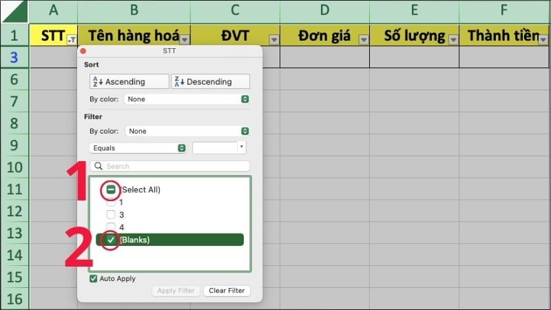 Bỏ chọn ô Select All và chọn ô Blanks