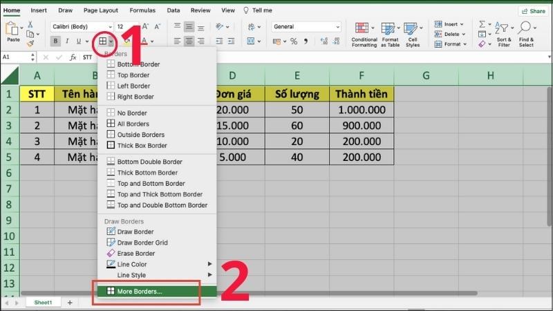 Chọn mũi tên bên cạnh biểu tượng ô vuông > Chọn More Borders