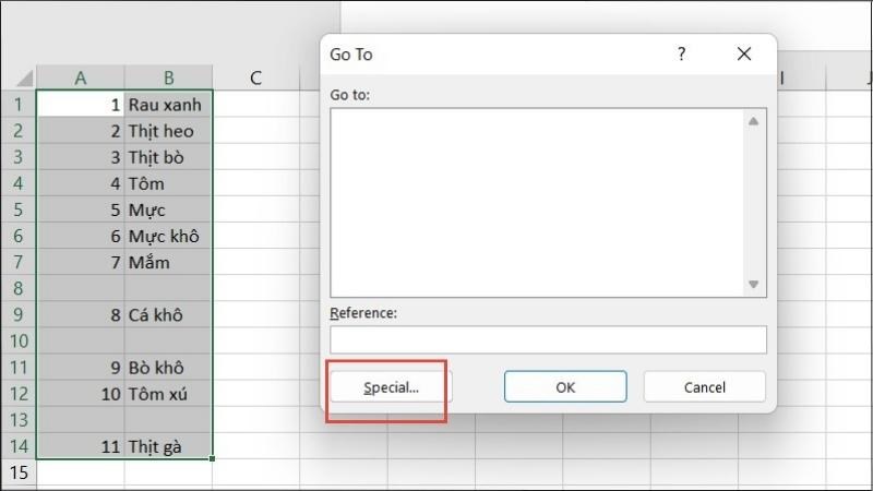 Mở hộp thoại Go To bằng cách nhấn Ctrl + G hoặc F5 > Chọn Special