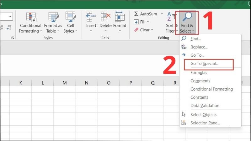 Chọn tab Home > Chọn Find & Select > Chọn Go To Special