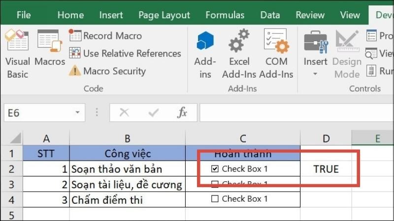 Ô liên kết hiện TRUE nếu tick chọn checkbox