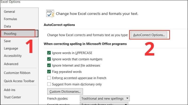 Chọn Proofing > Chọn AutoCorrect Options