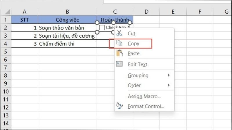 Chọn ô checkbox muốn sao chép > Nhấn chuột phải và chọn Sao chép (Copy)