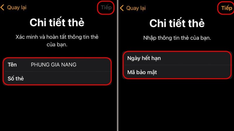 Tiến hành nhập thông tin thẻ theo yêu cầu 