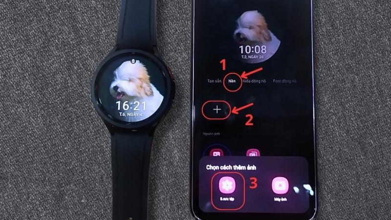 Chọn mục Nền > Nhấn v&agrave;o dấu + > Bạn c&oacute; thể chọn ảnh từ Bộ sưu tập 