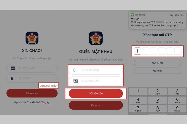 Quên mật khẩu > Điền thông tin được yêu cầu > Gửi yêu cầu > Điền mã OTP