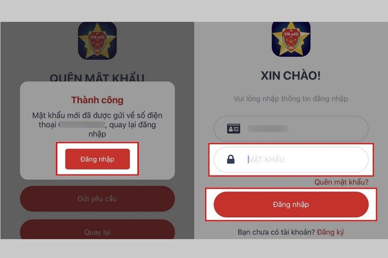 Đăng nhập > Điền mật khẩu mới > Đăng nhập