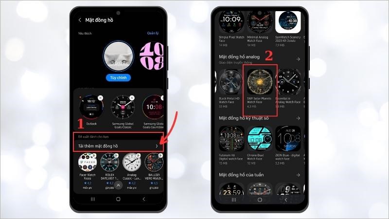 Lướt xuống t&igrave;m v&agrave; chọn mục Tải th&ecirc;m mặt đồng hồ > Chọn mẫu mặt đồng hồ bạn th&iacute;ch