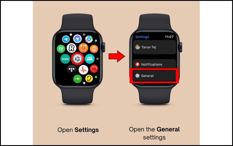 Vào cài đặt chung trên Apple Watch Vào cài đặt chung trên Apple Watch