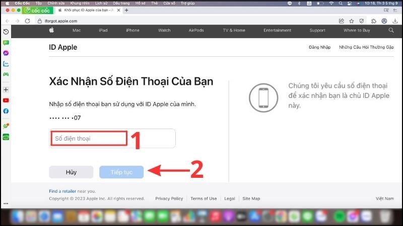 Nhập số điện thoại > Chọn Tiếp tục