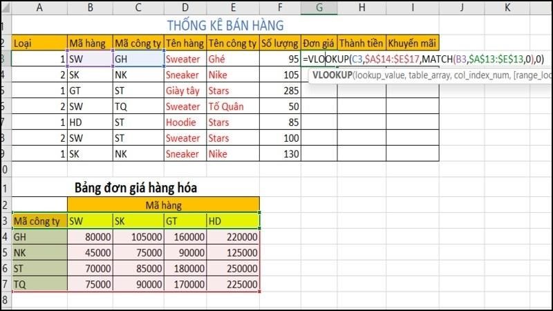 Cách tính đơn giá bằng hàm VLOOKUP