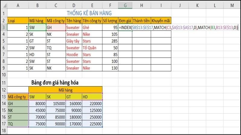 Cách tính đơn giá bằng hàm INDEX kết hợp hàm MATCH