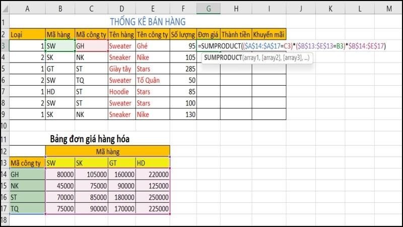 Cách tính đơn giá trong Excel bằng hàm SUMPRODUCT