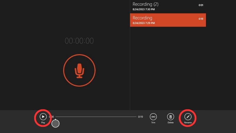 Nhấn N&uacute;t Play để nghe lại hoặc Chọn Rename để đổi t&ecirc;n file