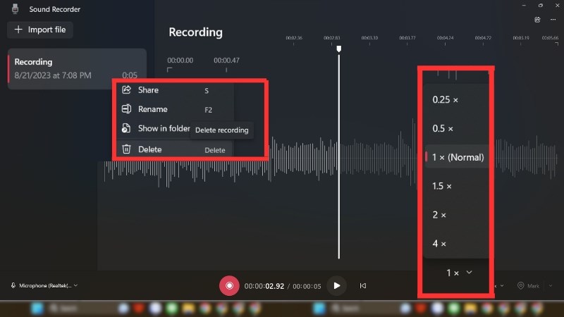 Bạn c&oacute; thể đổi t&ecirc;n, xem thư mục chứa, xo&aacute; v&agrave; chia sẻ file &acirc;m thanh đ&atilde; ghi