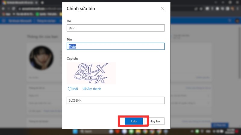 Nhập tên mới và mã captcha