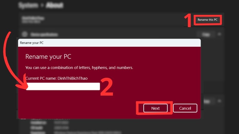 Nhập tên mới và nhấn Next