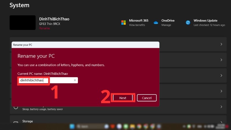 Nhập tên máy tính mà bạn muốn đổi ở ô trống dưới dòng chữ Current PC name, và bấm Next