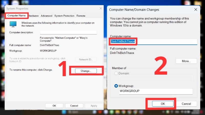 Nhập tên máy tính mới vào ô Computer name