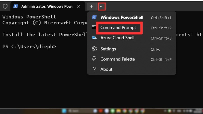 Có thể chọn Command Prompt từ menu xổ xuống ở góc trên cùng