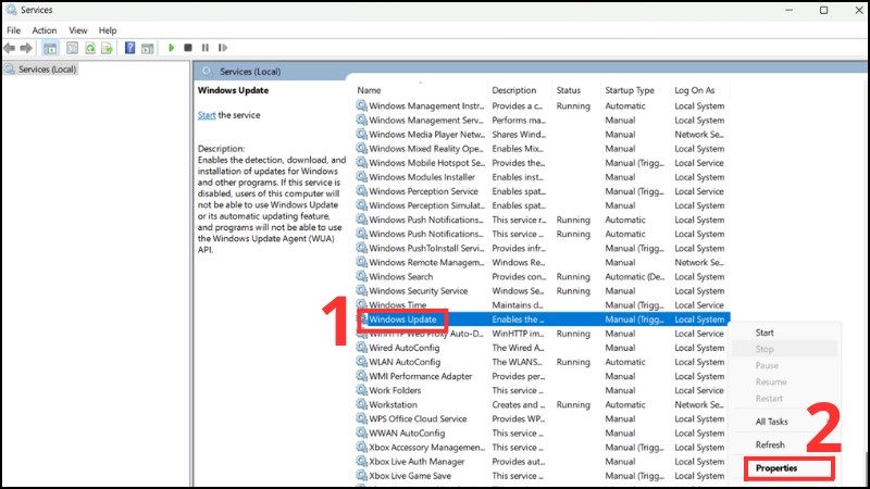 Chuột phải v&agrave;o Windows Update, chọn Properties