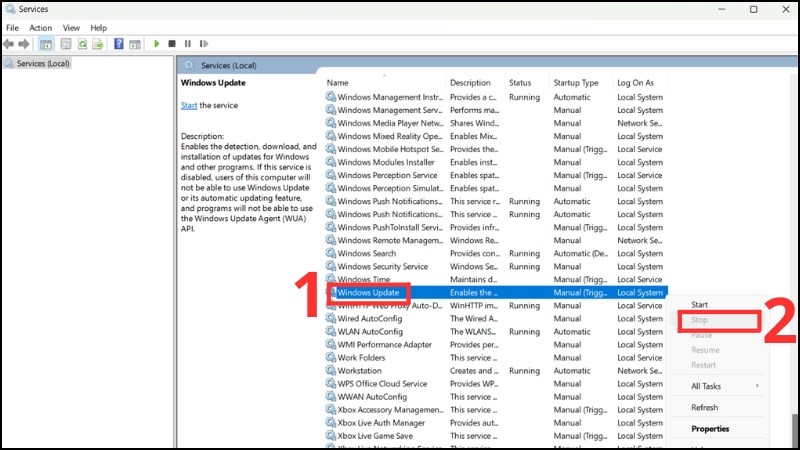  T&igrave;m t&ecirc;n Windows Update v&agrave; chọn Stop để ngừng dịch vụ