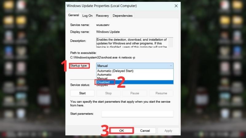 B&ecirc;n cạnh Startup type, bạn c&oacute; thể chọn Disable