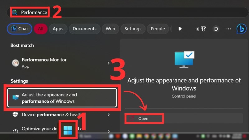 Chọn Adjust the appearance and performance of Windows v&agrave; nhấn Open