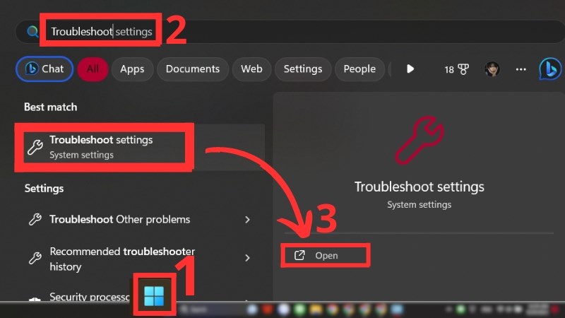 G&otilde; từ kh&oacute;a Troubleshoot v&agrave; chọn kết quả tương ứng